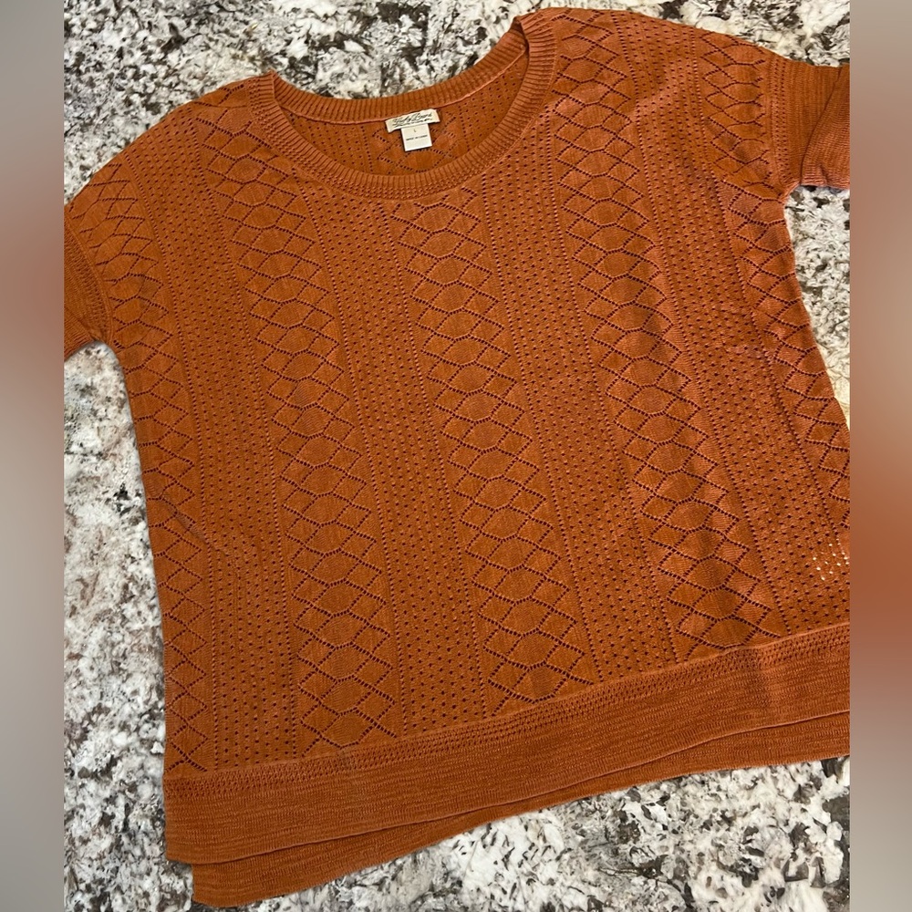 L Lucky Brand Women's Boho Knit Lightweight Short Sleeve Copper Mustard Shirt